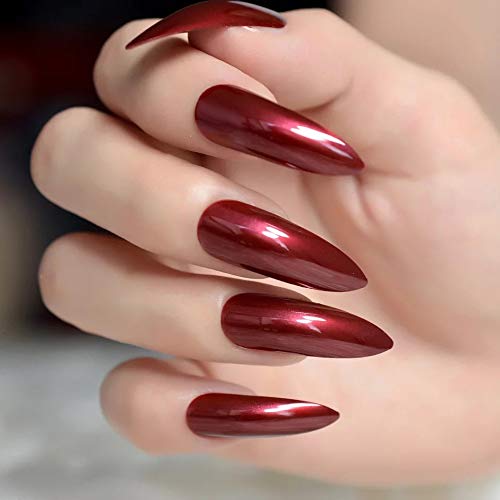 Passion Belle | Dark Red Burgundy | Glossy | Sharp, Stiletto | Extra Long | Reusable Press On Nails Set