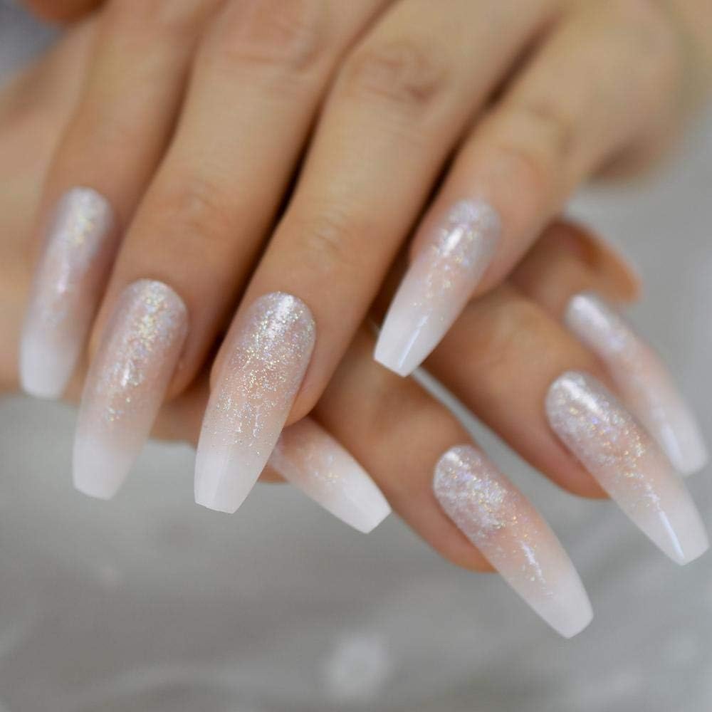 Shimmer Pop | Nude Pink, Glitter White Ombre French | Glossy | Square | Extra Long | Reusable Press On Nails Set