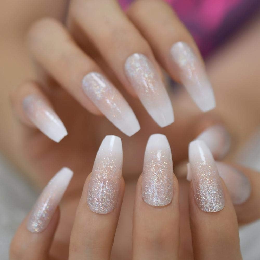 Shimmer Pop | Nude Pink, Glitter White Ombre French | Glossy | Square | Extra Long | Reusable Press On Nails Set