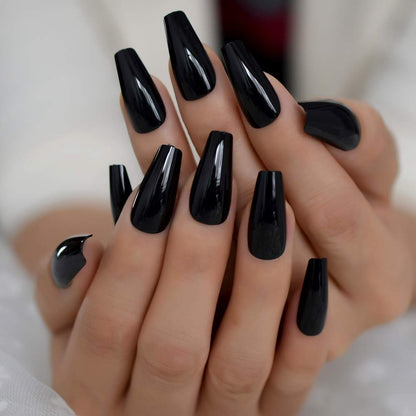 Noir Majesty | Black | Glossy | Gothic Design | Ballerina | Extra Long | Reusable Press On Nails Set