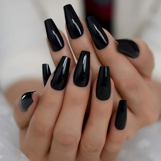 Noir Majesty | Black | Glossy | Gothic Design | Ballerina | Extra Long | Reusable Press On Nails Set