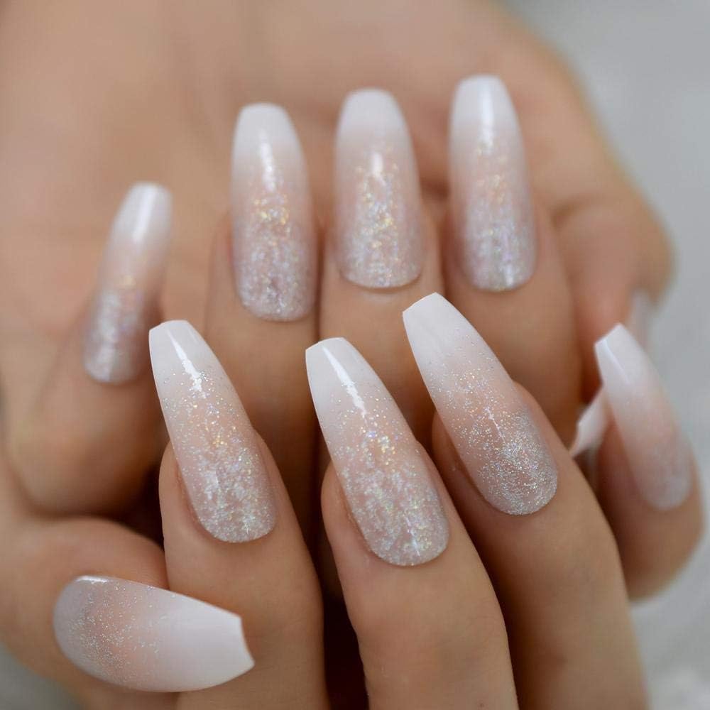 Shimmer Pop | Nude Pink, Glitter White Ombre French | Glossy | Square | Extra Long | Reusable Press On Nails Set
