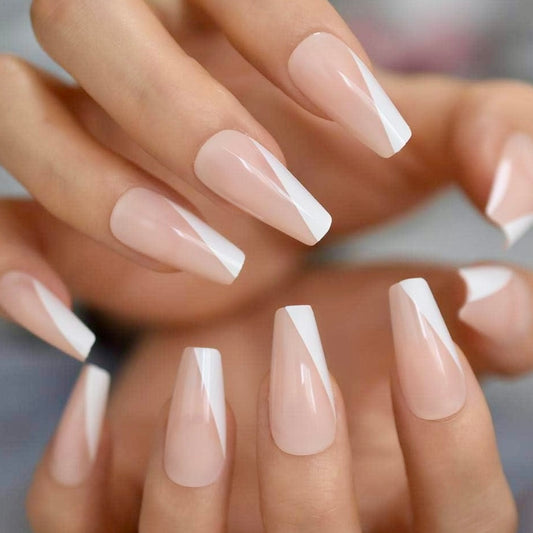 Pure Elegance | Natural | Nude Pink, White French | Glossy | Ballerina | Extra Long | Reusable Press On Nails Set