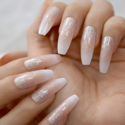 Shimmer Pop | Nude Pink, Glitter White Ombre French | Glossy | Square | Extra Long | Reusable Press On Nails Set