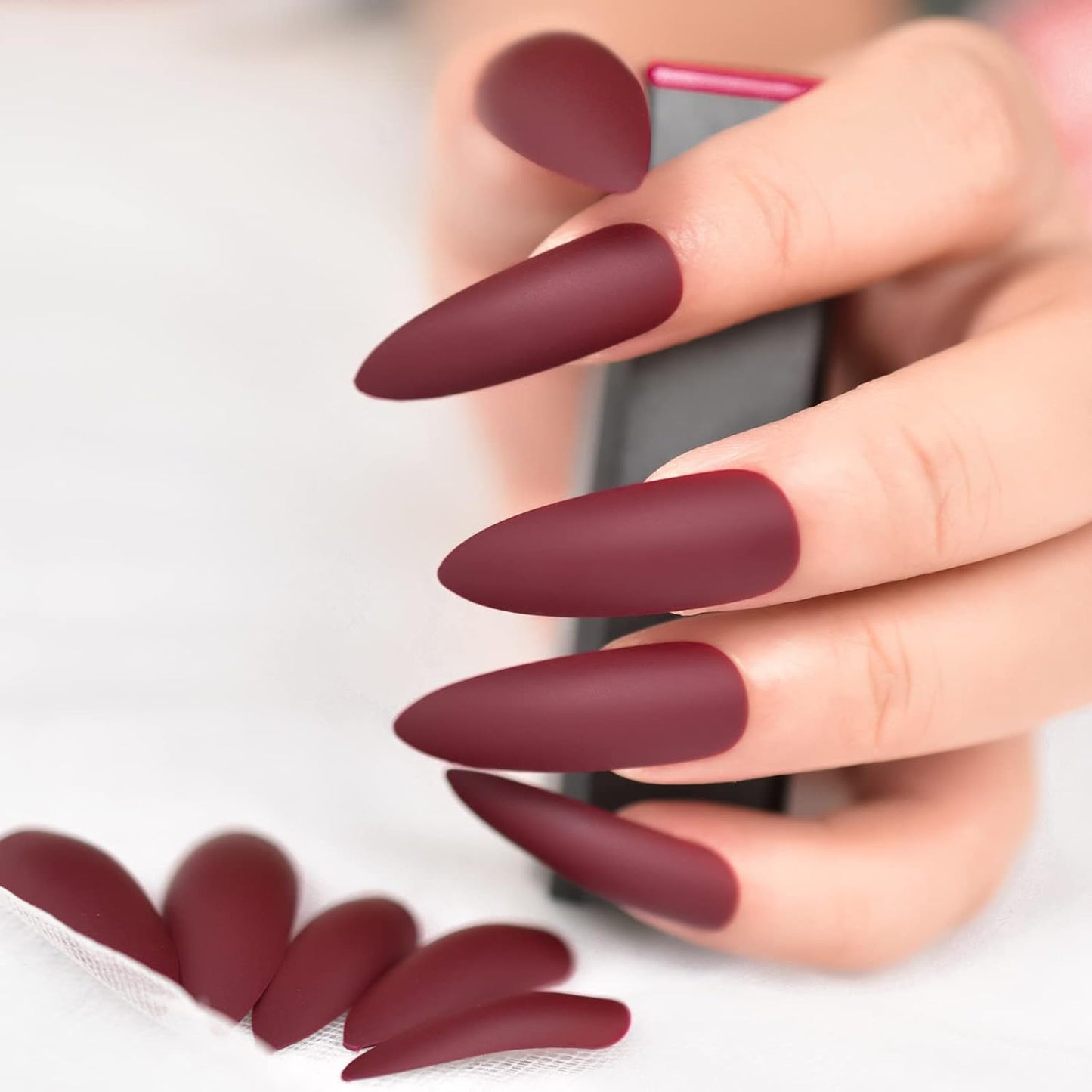 Rouge Muse | Dark Red Burgundy | Matte | Sharp, Stiletto | Extra Long | Reusable Press On Nails Set