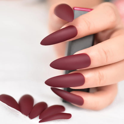 Rouge Muse | Dark Red Burgundy | Matte | Sharp, Stiletto | Extra Long | Reusable Press On Nails Set
