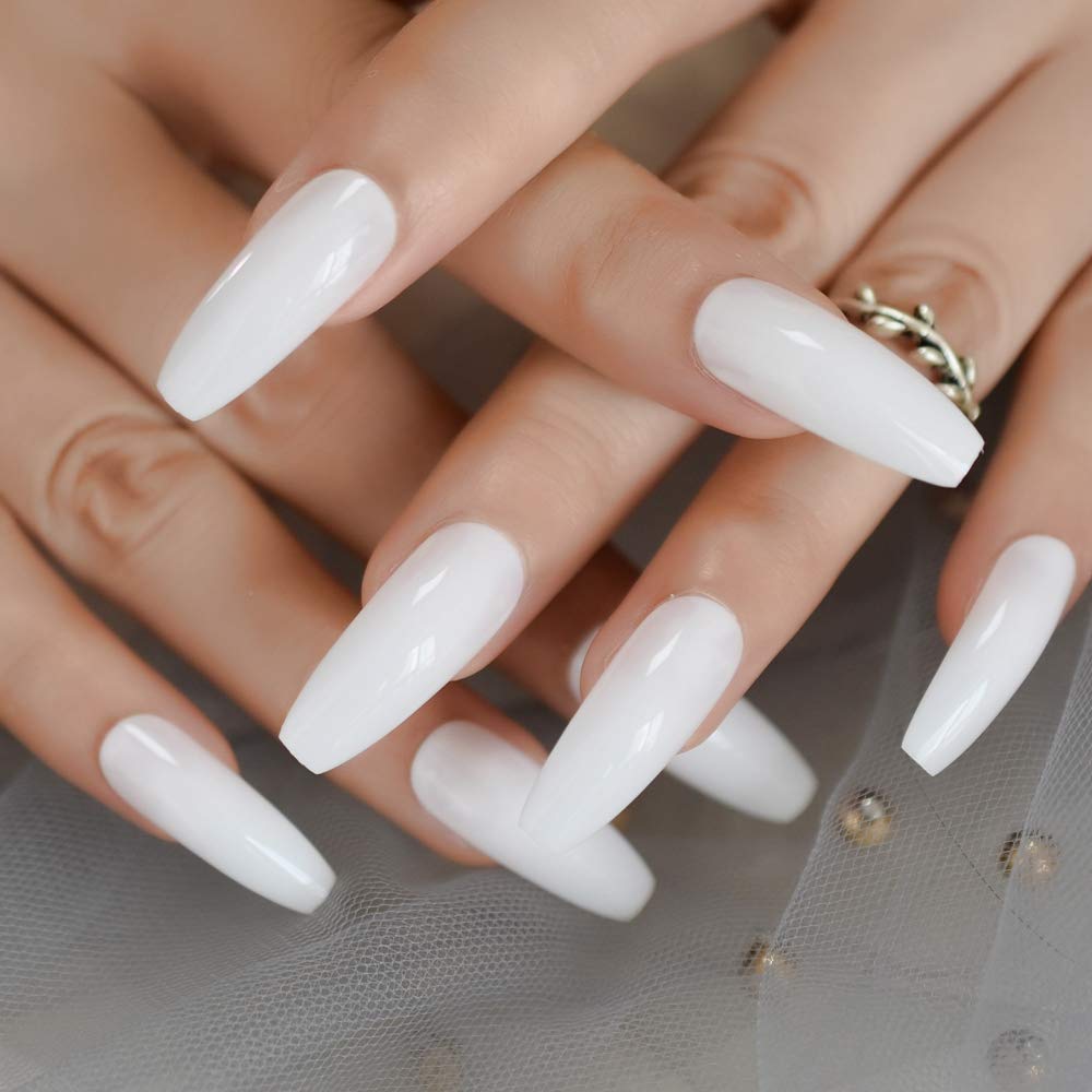 Milky Dream | White | Glossy | Ballerina | Extra Long | Reusable Press On Nails Set