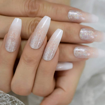 Shimmer Pop | Nude Pink, Glitter White Ombre French | Glossy | Square | Extra Long | Reusable Press On Nails Set