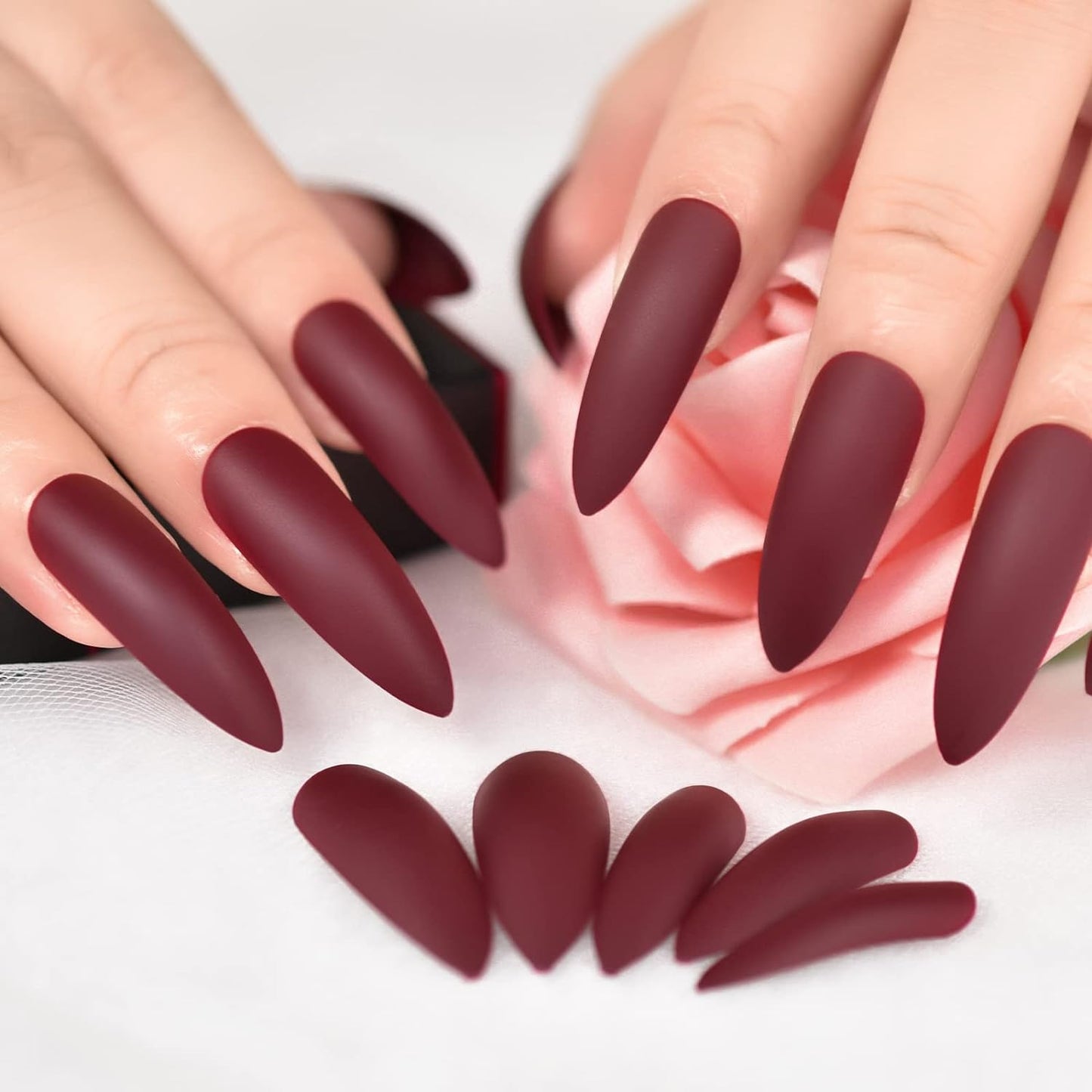 Rouge Muse | Dark Red Burgundy | Matte | Sharp, Stiletto | Extra Long | Reusable Press On Nails Set