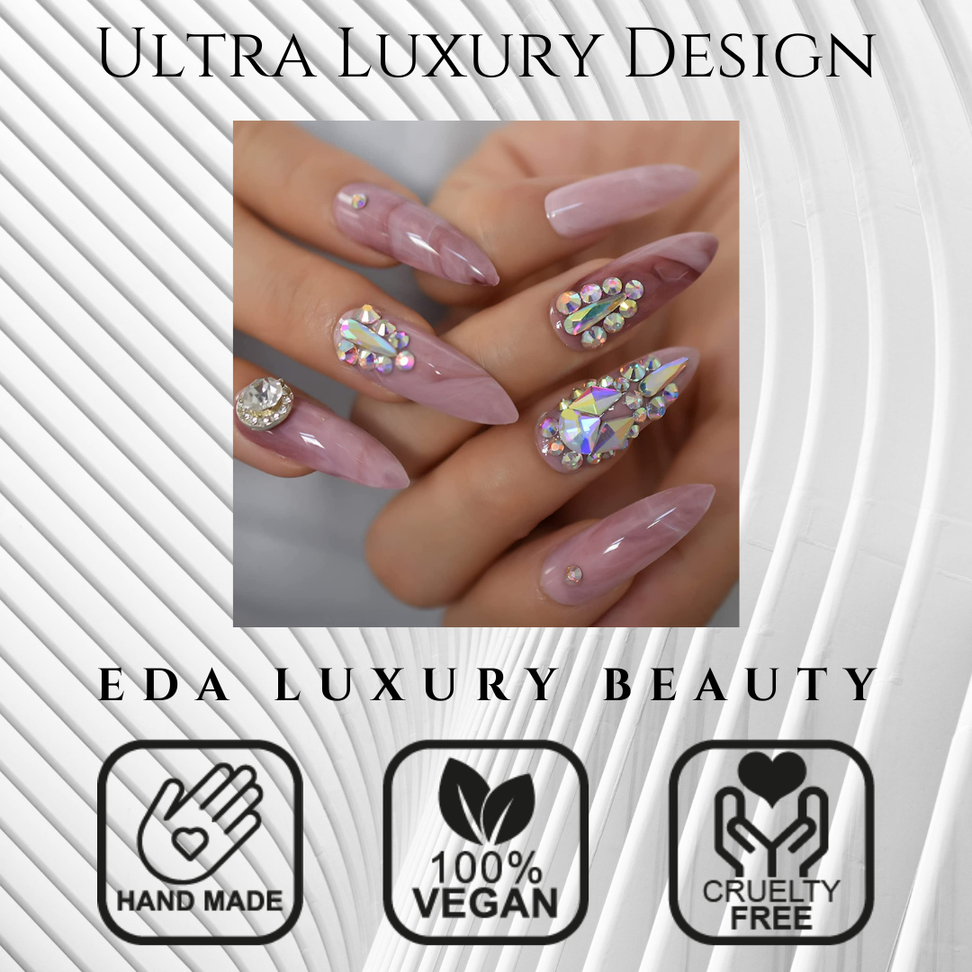 Diamond Romance | Nude Pink | 3D Crystal Design | Nail Art | Glossy | Sharp, Stiletto | Extra Long | Reusable Press On Nails Set