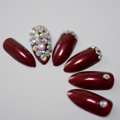 Sparkling Jazz | Diamond Red Burgundy | 3D Crystal Design | Nail Art | Glossy | Almond Stiletto | Long | Reusable Press On Nails Set