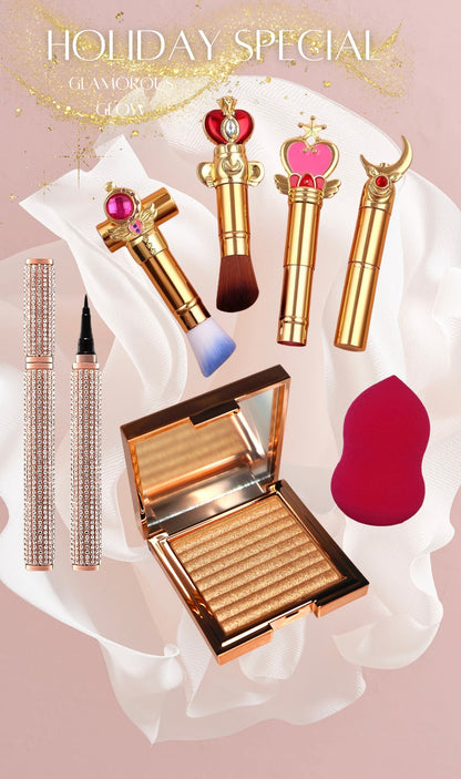 Star Shine Gold Highlighter | Ultra Precision Black Eyeliner | Pink Beauty Sponge Applicator | Makeup Brushes Kit | 7-Piece Gift Set | Holiday Special Bundle