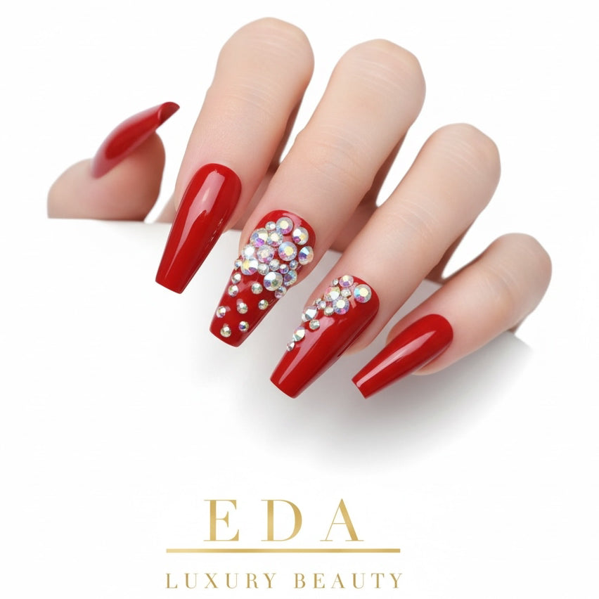Love Queen | Diamond Red | 3D Crystal Design | Nail Art | Glossy | Ballerina | Extra Long | Reusable Press On Nails Set