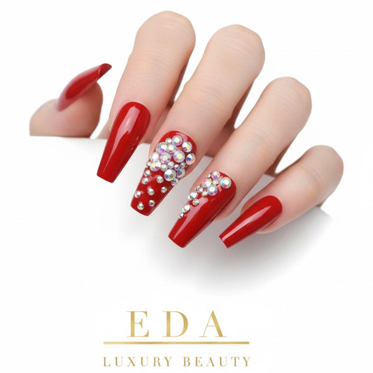 Love Queen | Diamond Red | 3D Crystal Design | Nail Art | Glossy | Ballerina | Extra Long | Reusable Press On Nails Set