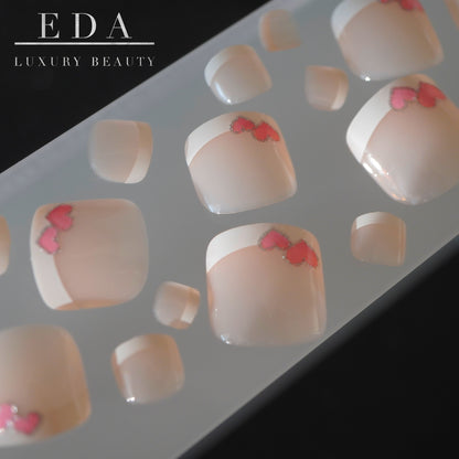 Glamour Love | Nude Pink White Heart French | Glossy | Square | Short, Medium | Reusable Press On Toenails Pedicure Set