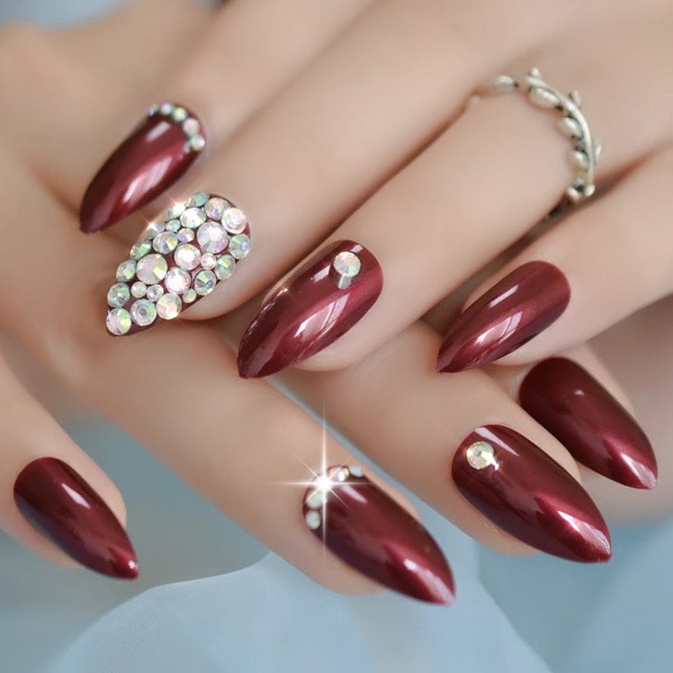 Sparkling Jazz | Diamond Red Burgundy | 3D Crystal Design | Nail Art | Glossy | Almond Stiletto | Long | Reusable Press On Nails Set