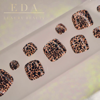 Fierce Cat | Brown Black | Animal Print | Glossy | Square | Short, Medium | Reusable Press On Toenails Pedicure Set