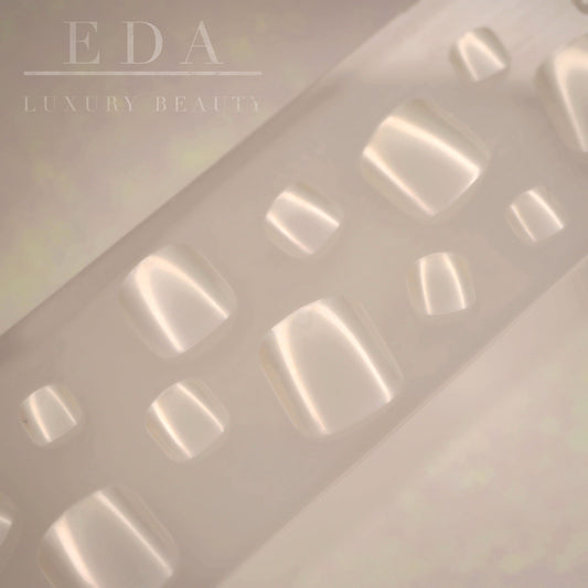 Pure Satin | Pearl White | Glossy | Square | Short, Medium | Reusable Press On Toenails Pedicure Set