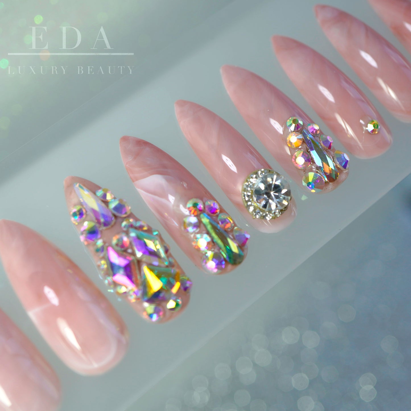 Diamond Romance | Nude Pink | 3D Crystal Design | Nail Art | Glossy | Sharp, Stiletto | Extra Long | Reusable Press On Nails Set