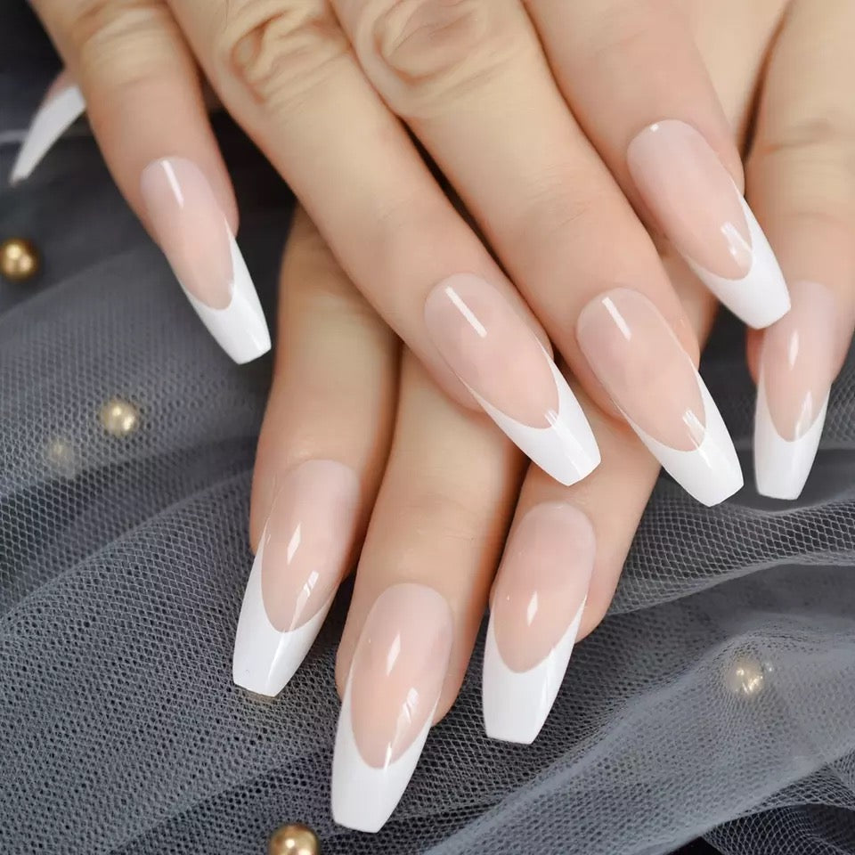 Royal French | Natural | Nude Pink, White French | Glossy | Ballerina | Extra Long | Reusable Press On Nails Set