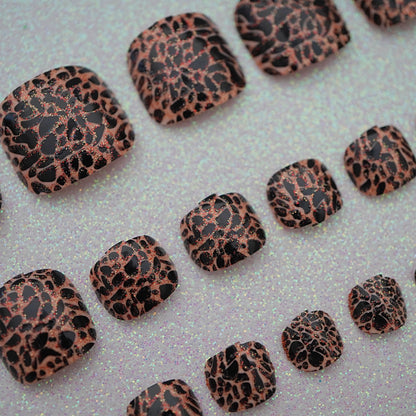Fierce Cat | Brown Black | Animal Print | Glossy | Square | Short, Medium | Reusable Press On Toenails Pedicure Set