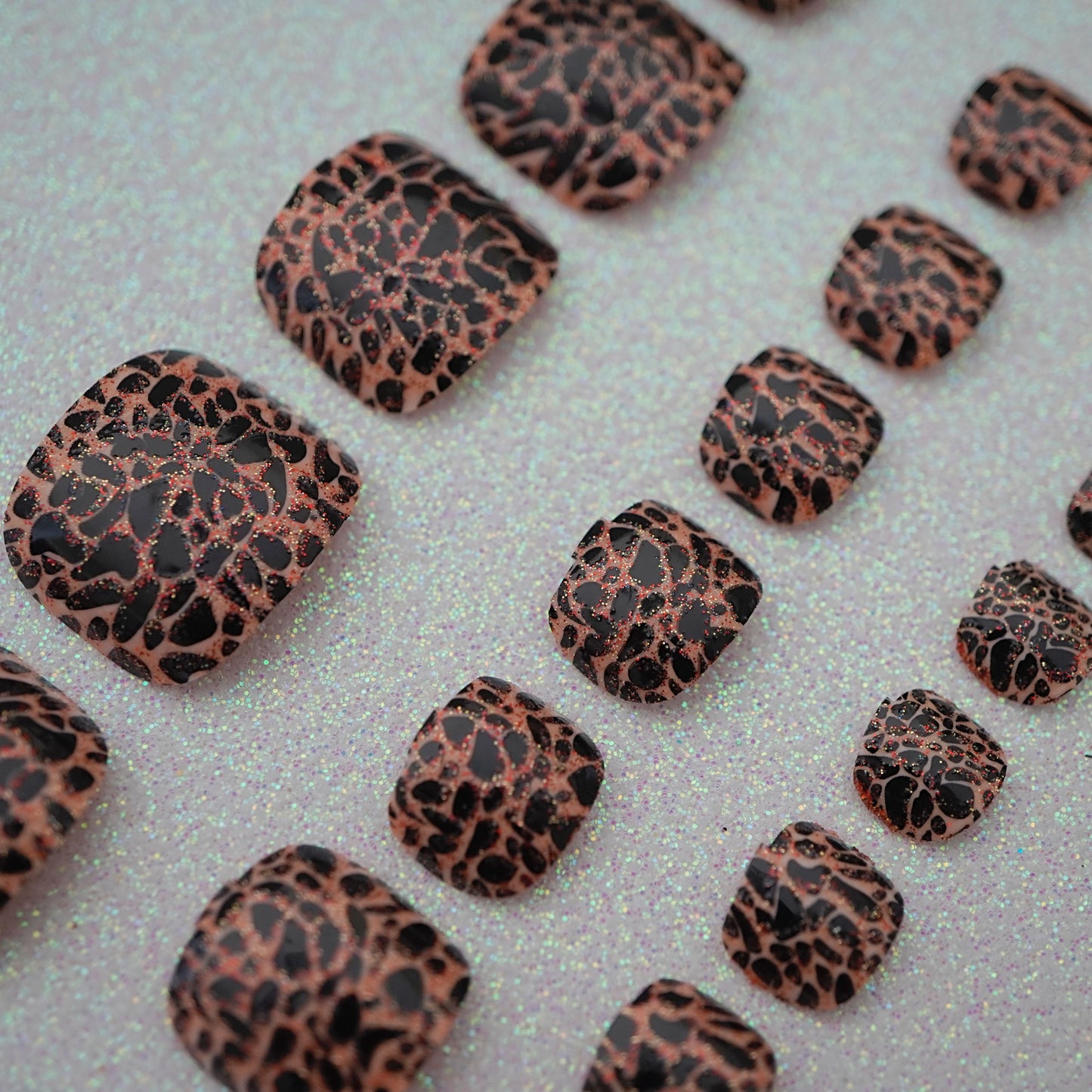 Fierce Cat | Brown Black | Animal Print | Glossy | Square | Short, Medium | Reusable Press On Toenails Pedicure Set