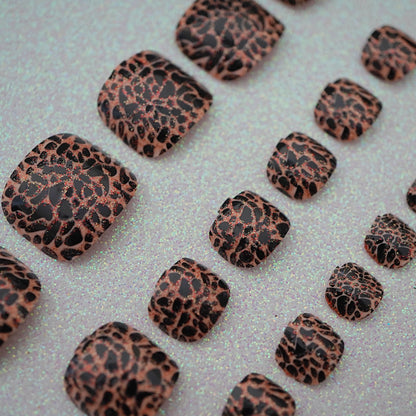 Fierce Cat | Brown Black | Animal Print | Glossy | Square | Short, Medium | Reusable Press On Toenails Pedicure Set