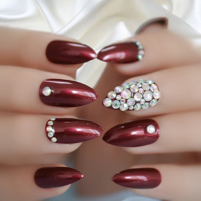 Sparkling Jazz | Diamond Red Burgundy | 3D Crystal Design | Nail Art | Glossy | Almond Stiletto | Long | Reusable Press On Nails Set