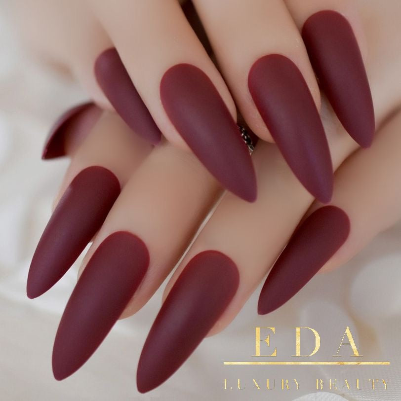 Rouge Muse | Dark Red Burgundy | Matte | Sharp, Stiletto | Extra Long | Reusable Press On Nails Set