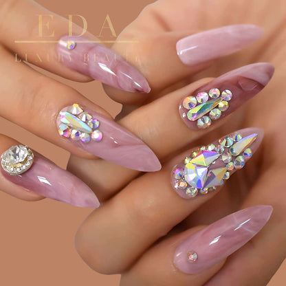 Diamond Romance | Nude Pink | 3D Crystal Design | Nail Art | Glossy | Sharp, Stiletto | Extra Long | Reusable Press On Nails Set