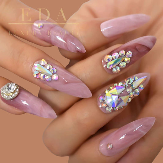 Diamond Romance | Nude Pink | 3D Crystal Design | Nail Art | Glossy | Sharp, Stiletto | Extra Long | Reusable Press On Nails Set
