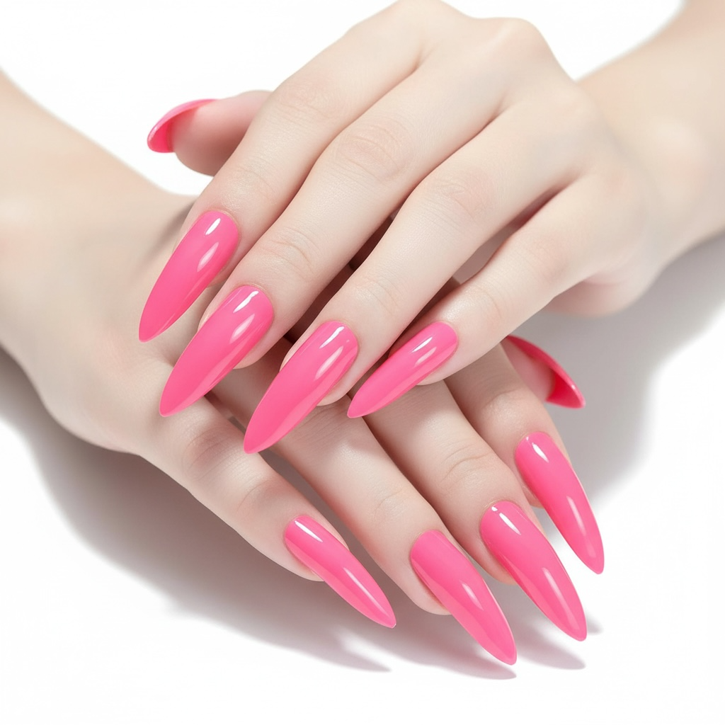 Hot Flamingo | Neon Pink | Glossy | Sharp, Stiletto | Extra Long | Reusable Press On Nails Set
