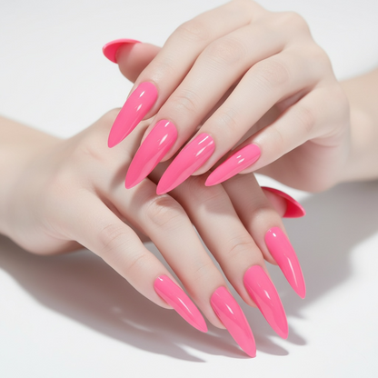 Hot Flamingo | Neon Pink | Glossy | Sharp, Stiletto | Extra Long | Reusable Press On Nails Set