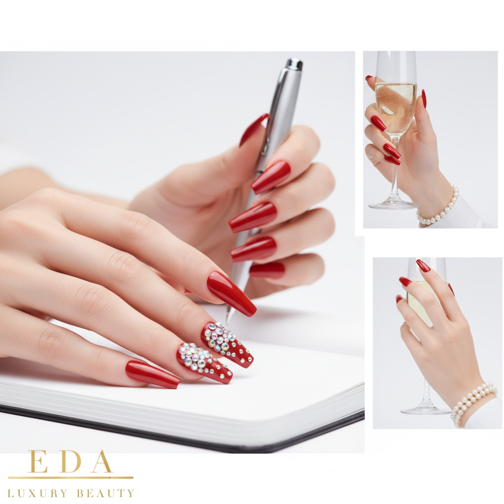 Love Queen | Diamond Red | 3D Crystal Design | Nail Art | Glossy | Ballerina | Extra Long | Reusable Press On Nails Set