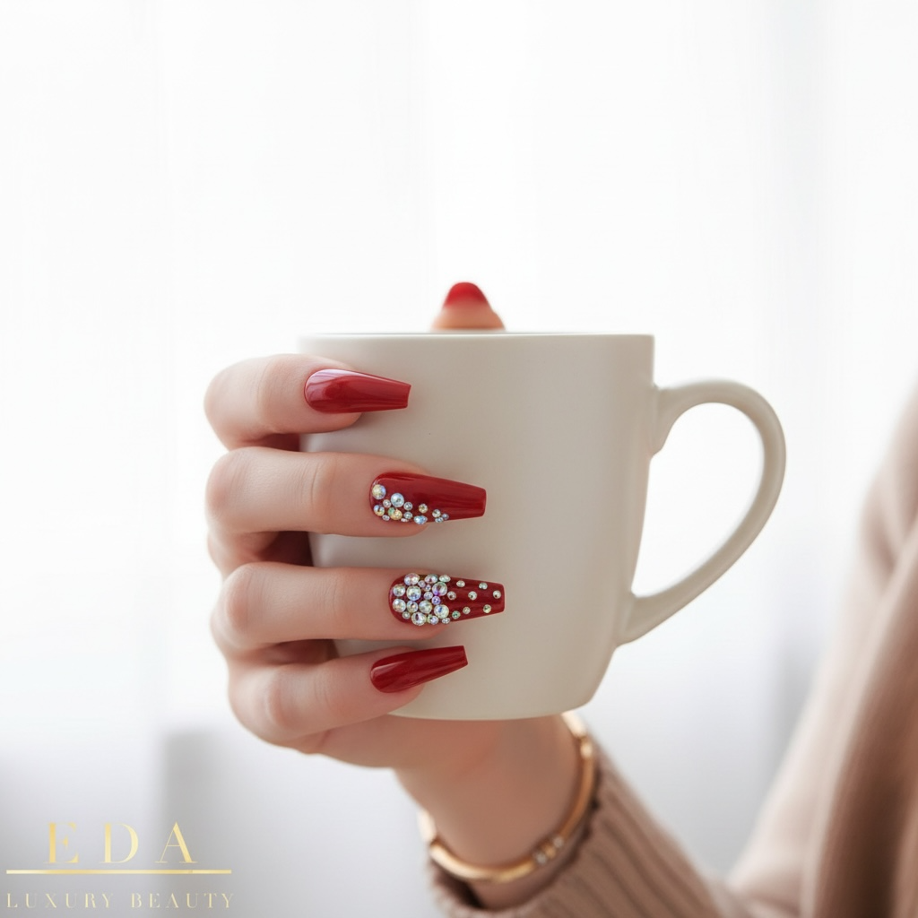 Love Queen | Diamond Red | 3D Crystal Design | Nail Art | Glossy | Ballerina | Extra Long | Reusable Press On Nails Set