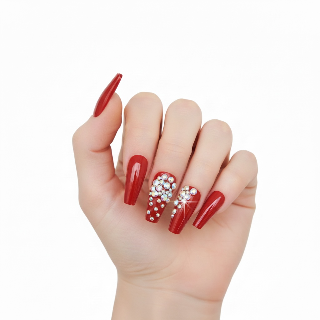 Love Queen | Diamond Red | 3D Crystal Design | Nail Art | Glossy | Ballerina | Extra Long | Reusable Press On Nails Set