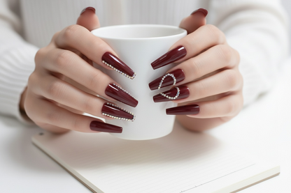 Love Belle | Diamond Red Burgundy | 3D Crystal Design | Nail Art | Glossy | Ballerina | Extra Long | Reusable Press On Nails Set