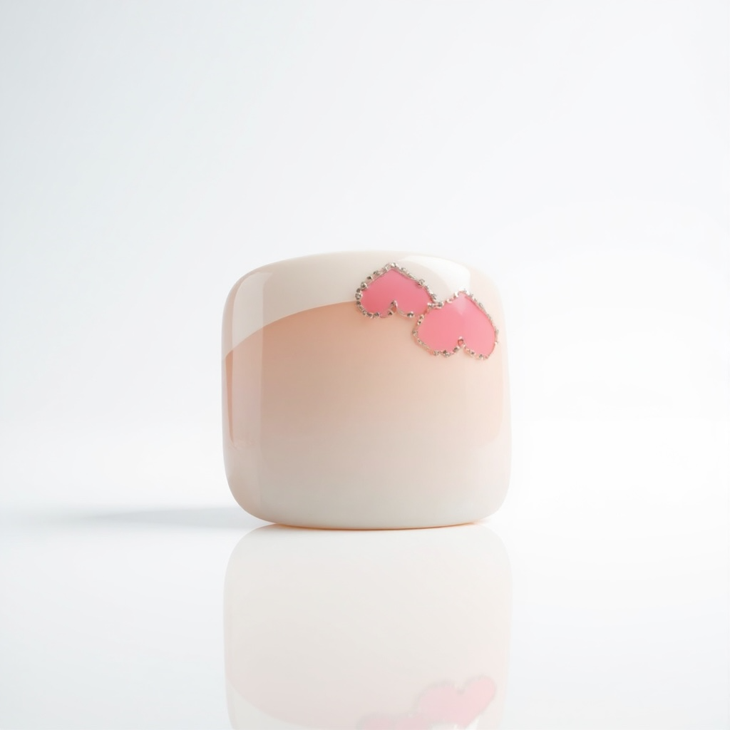 Glamour Love | Nude Pink White Heart French | Glossy | Square | Short, Medium | Reusable Press On Toenails Pedicure Set