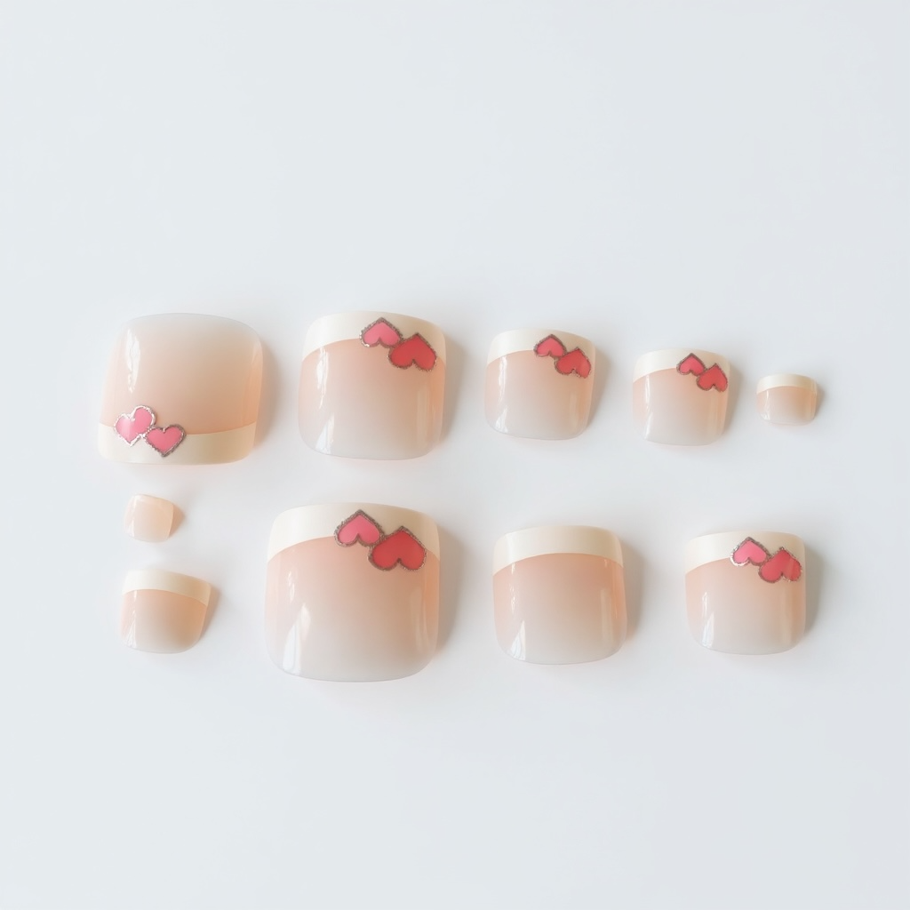 Glamour Love | Nude Pink White Heart French | Glossy | Square | Short, Medium | Reusable Press On Toenails Pedicure Set