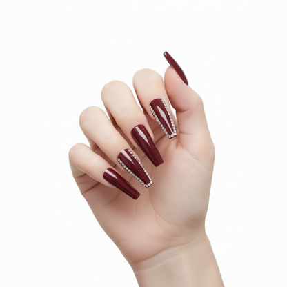 Love Belle | Diamond Red Burgundy | 3D Crystal Design | Nail Art | Glossy | Ballerina | Extra Long | Reusable Press On Nails Set