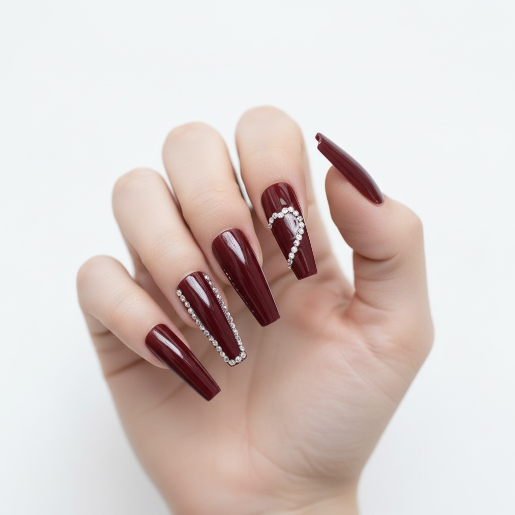 Love Belle | Diamond Red Burgundy | 3D Crystal Design | Nail Art | Glossy | Ballerina | Extra Long | Reusable Press On Nails Set