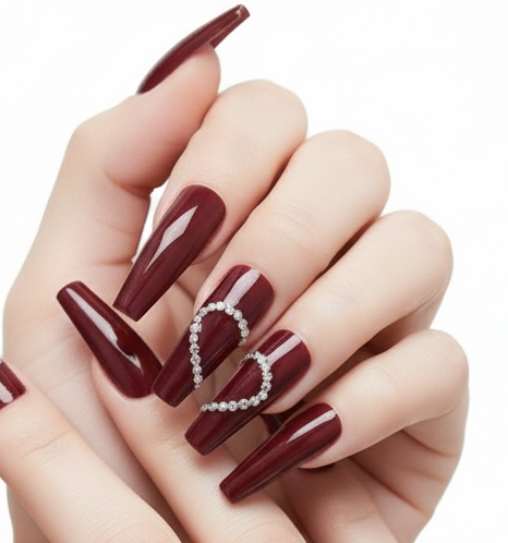 Love Belle | Diamond Red Burgundy | 3D Crystal Design | Nail Art | Glossy | Ballerina | Extra Long | Reusable Press On Nails Set