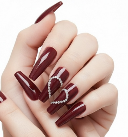 Love Belle | Diamond Red Burgundy | 3D Crystal Design | Nail Art | Glossy | Ballerina | Extra Long | Reusable Press On Nails Set