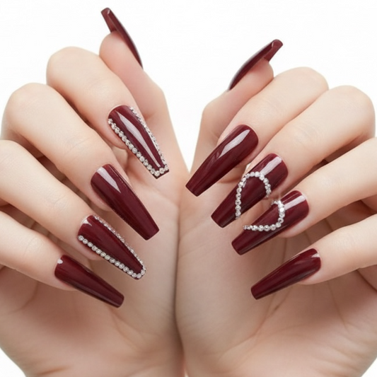 Love Belle | Diamond Red Burgundy | 3D Crystal Design | Nail Art | Glossy | Ballerina | Extra Long | Reusable Press On Nails Set