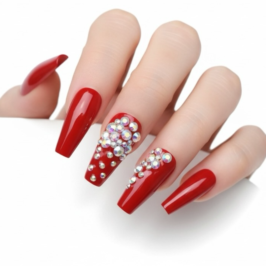 Love Queen | Diamond Red | 3D Crystal Design | Nail Art | Glossy | Ballerina | Extra Long | Reusable Press On Nails Set
