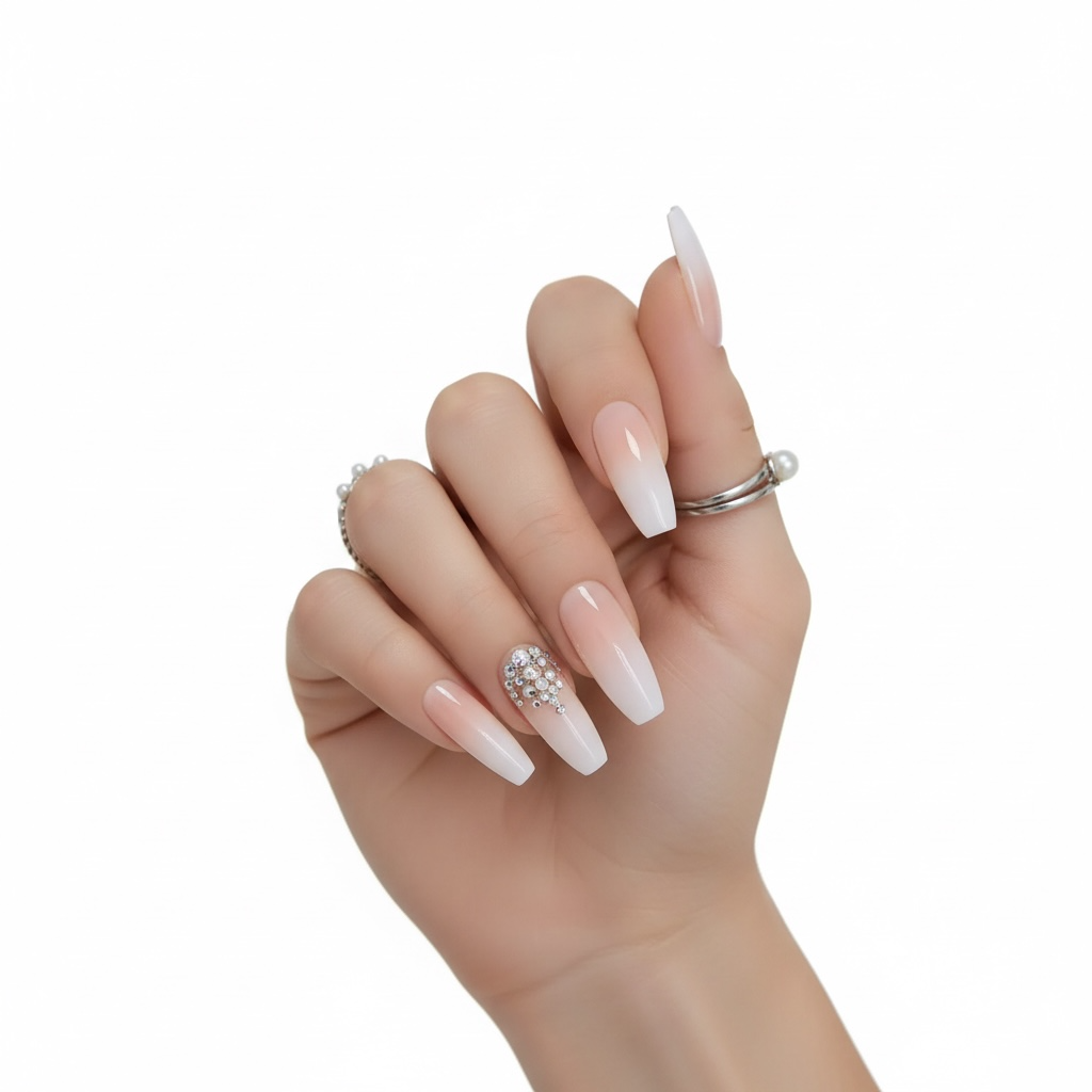 Sparkle Pop | Diamond Nude Pink, White Ombre French | 3D Crystal Design | Nail Art | Glossy | Ballerina | Extra Long | Reusable Press On Nails Set