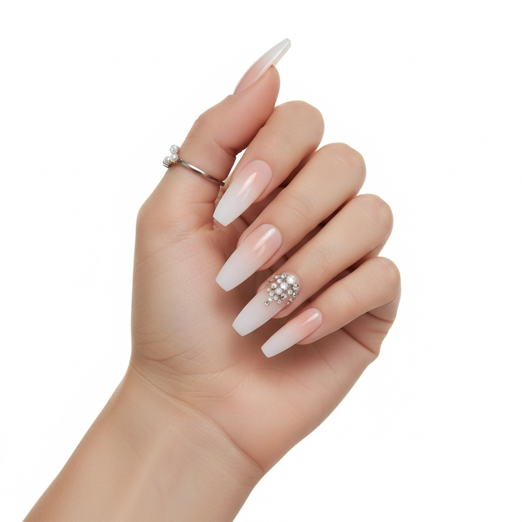 Sparkle Pop | Diamond Nude Pink, White Ombre French | 3D Crystal Design | Nail Art | Glossy | Ballerina | Extra Long | Reusable Press On Nails Set