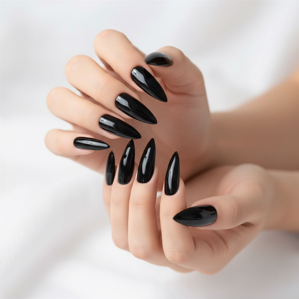 Jet Vamp | Black | Glossy | Gothic Design | Sharp, Stiletto | Extra Long | Reusable Press On Nails Set