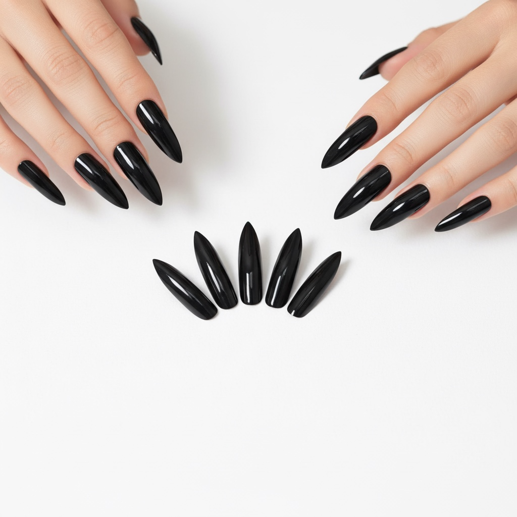 Jet Vamp | Black | Glossy | Gothic Design | Sharp, Stiletto | Extra Long | Reusable Press On Nails Set