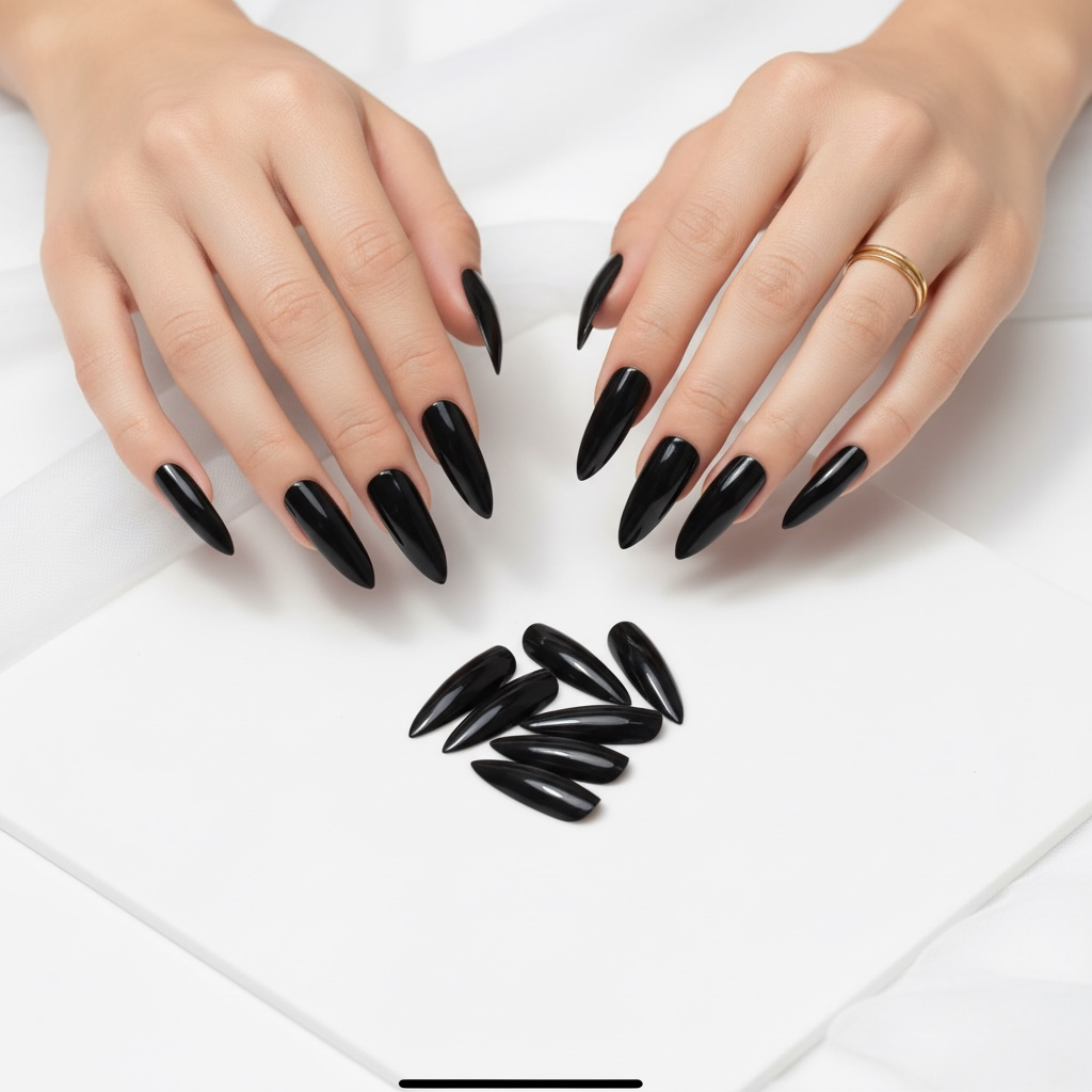 Jet Vamp | Black | Glossy | Gothic Design | Sharp, Stiletto | Extra Long | Reusable Press On Nails Set